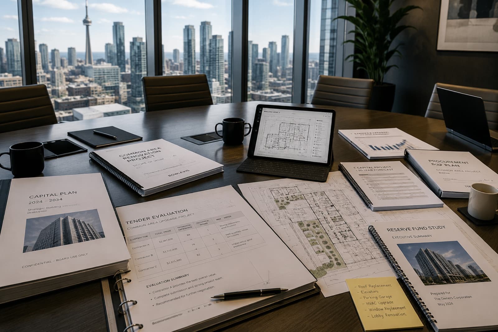 Condo board table with a capital plan, tender evaluation, and reserve fund study overlooking the Toronto skyline.