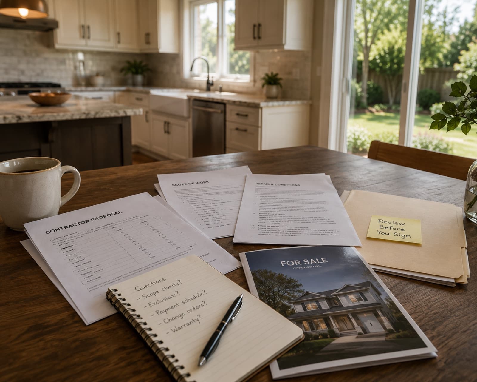 Kitchen table with a contractor proposal, scope of work, and review notes before signing.