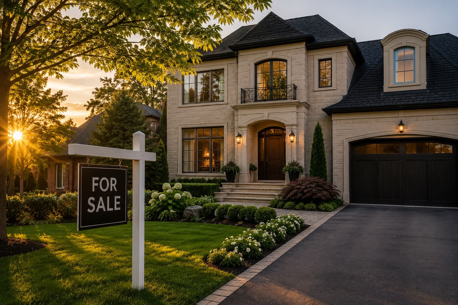 A for-sale family home at dusk with a realtor sign on the front lawn.